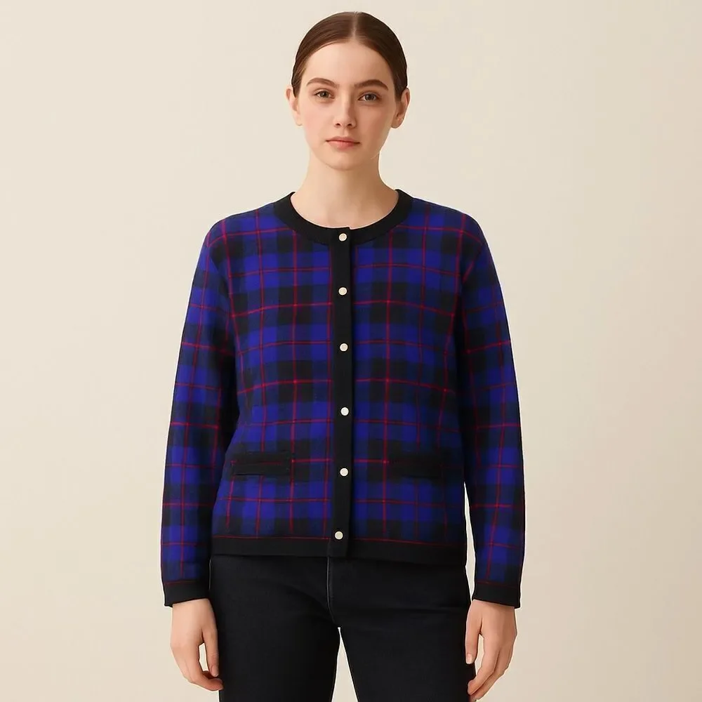 Segue Vintage Preppy Plaid Gold Button Crewneck Cardigan Sweater